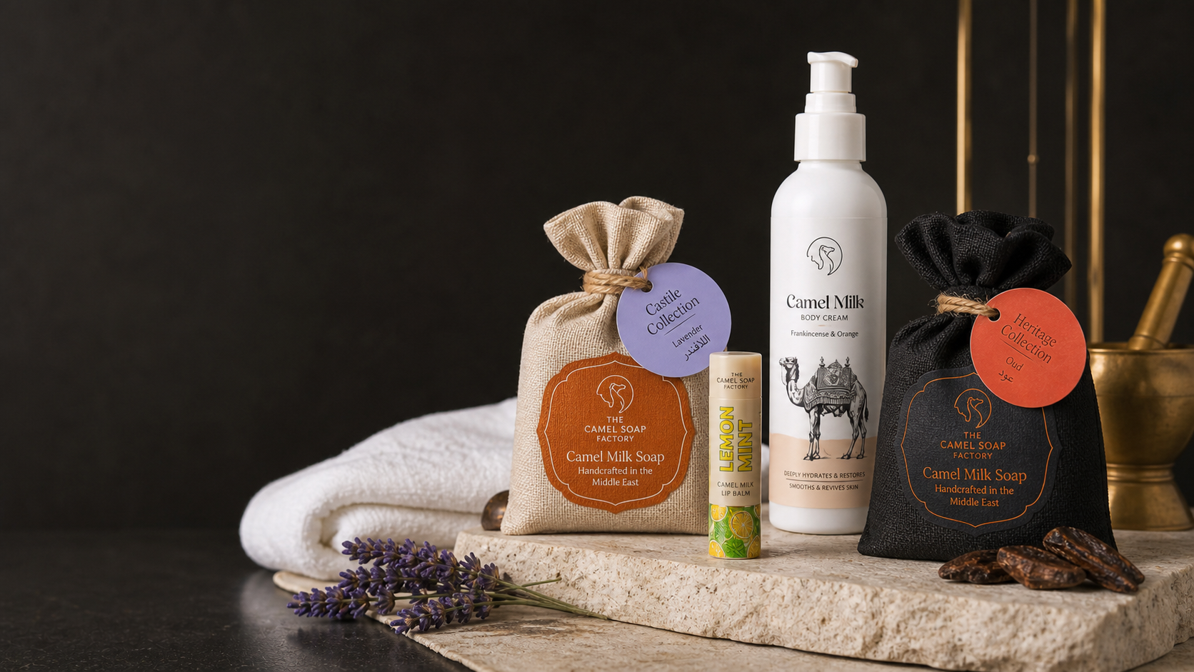 Camel Soap Factory skincare products curated for Midwife Cares on a clinical luxury care counter